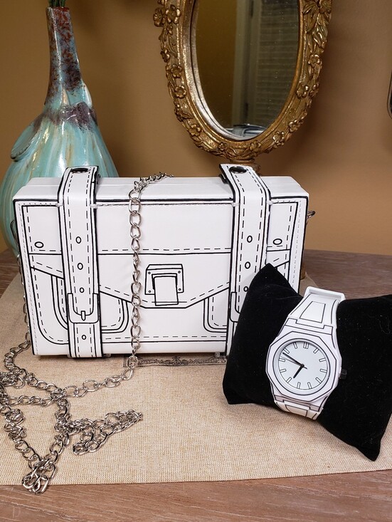 Handbags - White Cartoon-Style Clutch / Crossbody Bag w/ Chain Strap & Matching Watch NWT!
